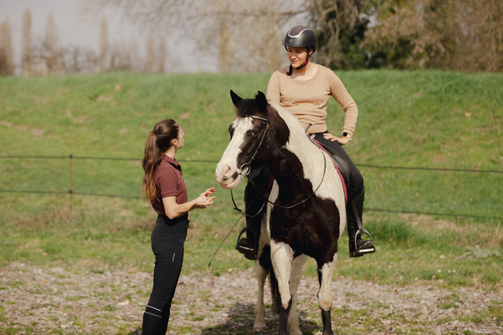 Temps d'échange lors d'un cours de dressage mené par Camille Tao Bordaberry, enseignante de dressage et saddle fitter professionnelle située près de Pau
